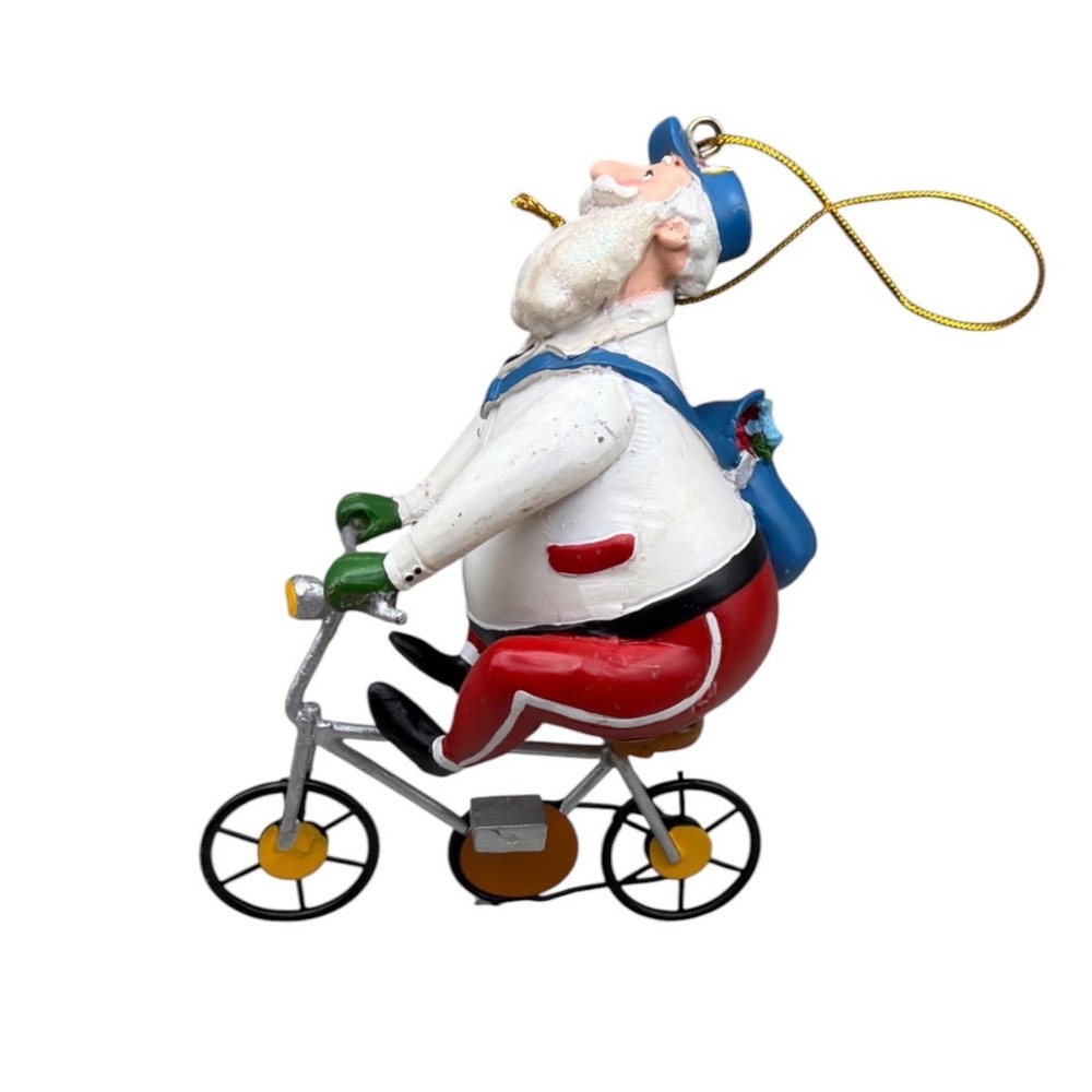 Vintage US Mail Santa Claus Bicycle Christmas Ornament Resin Postal Carrier Red